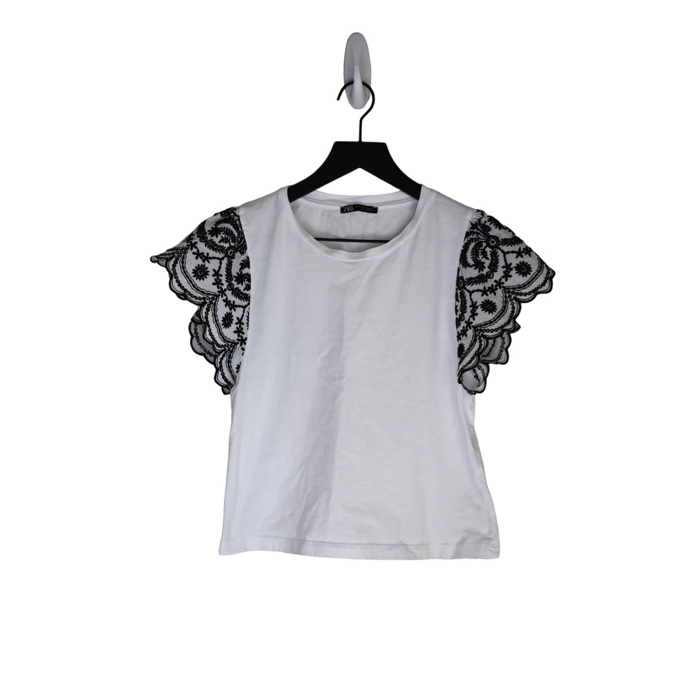 Zara White Tee with Black Lace Sleeves